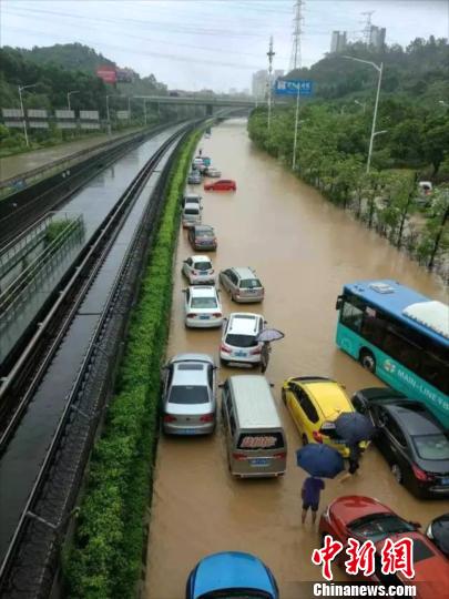 图为深圳龙岗大道金银坑路段积水严重。(深圳交警供图)